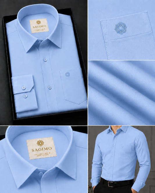 SAGIMO Blue Bell Solid Slim Fit Formal Shirt | Premium 30's Twill