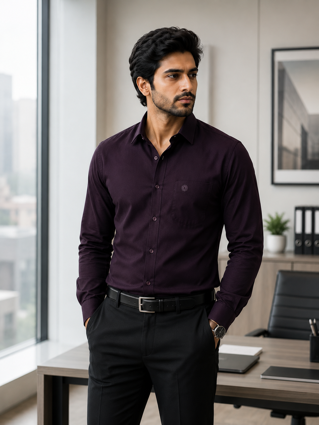 SAGIMO Royal Aubergine Slim Fit Shirt – Smart Elegance™
