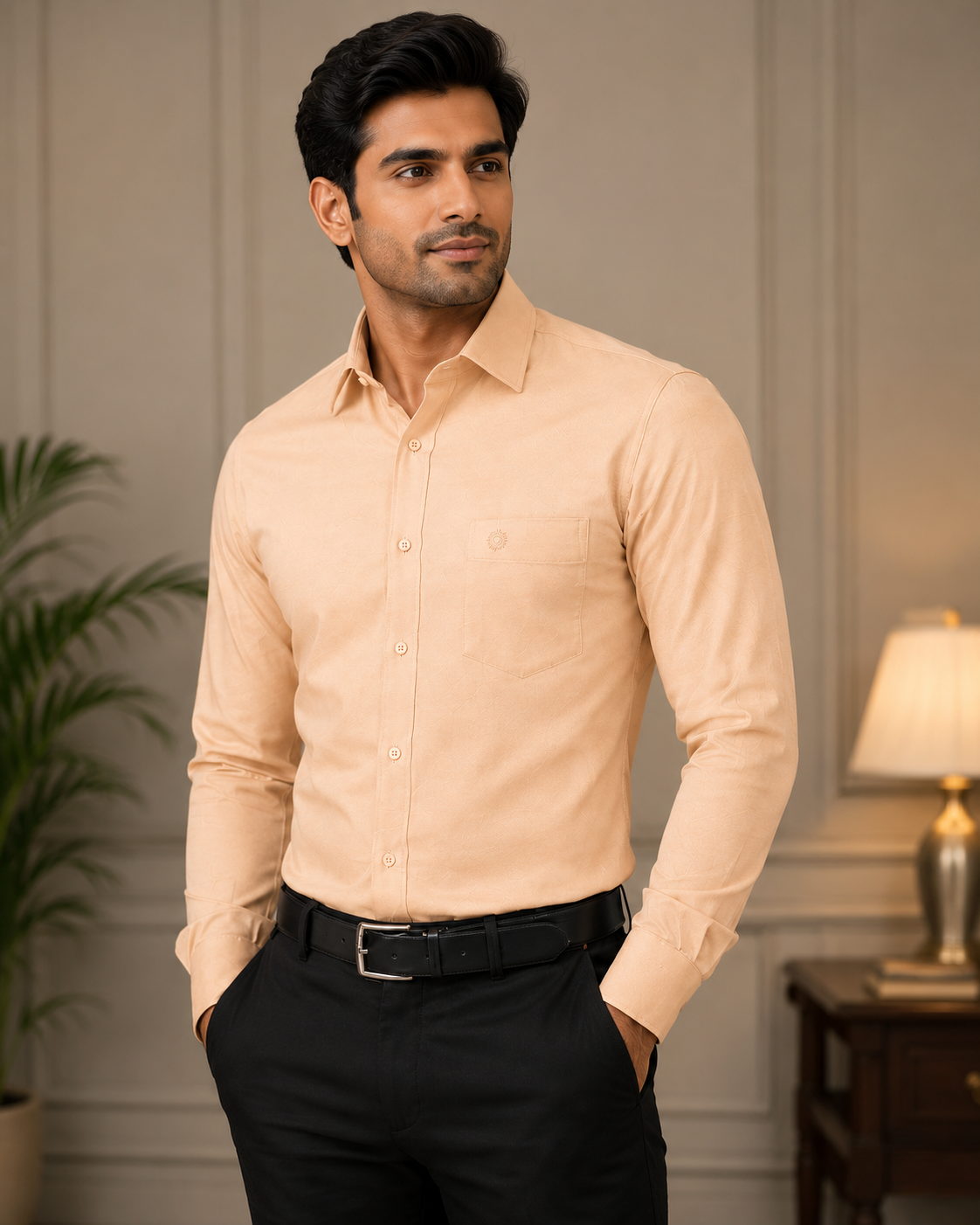 SAGIMO Peach Beige Slim Fit Shirt – Smart Elegance™