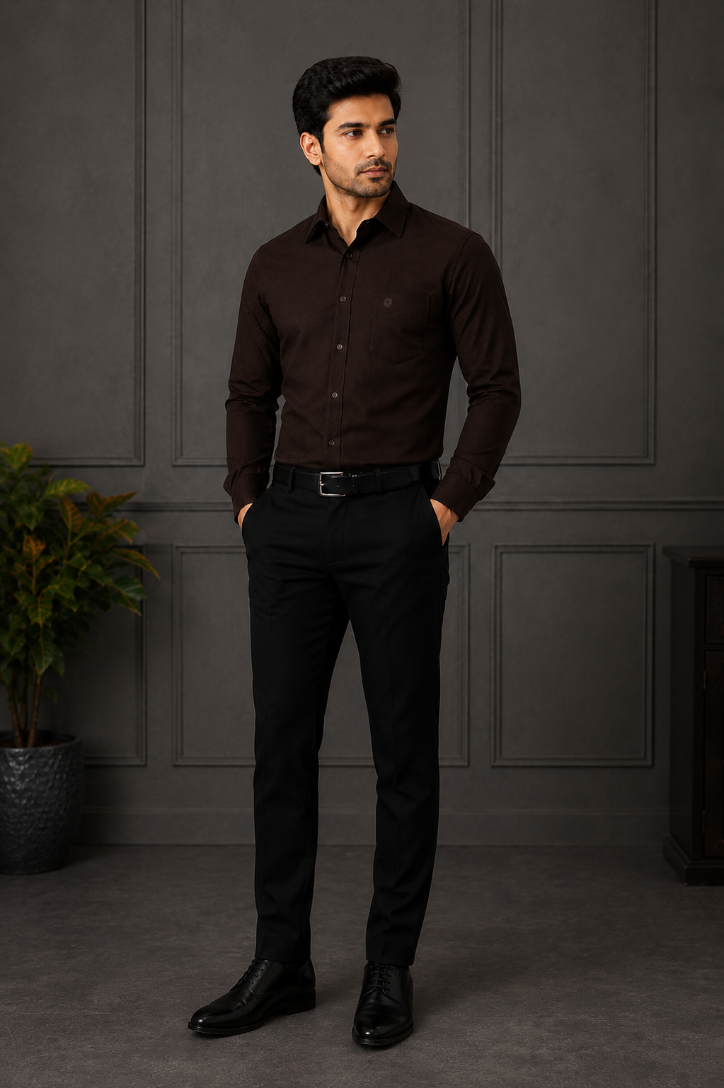 SAGIMO Dark Brown Slim Fit Shirt – Smart Elegance™